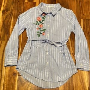 Girl’s Size M (10-12) Striped Tunic Button Down Shirt with Embroidered Flowers